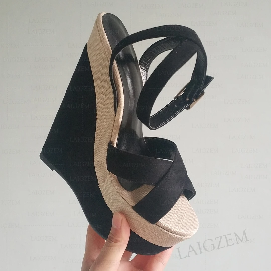 LAIGZEM Women Sandals Platform Wedges Ankle Strap Open Toe Patchwork Pumps Ladies Lace Up Shoes Woman Big Size 38 41 42 45 48