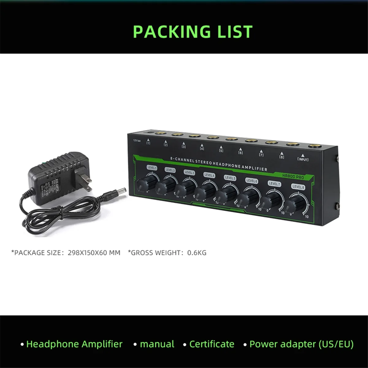 A51I HA800 PRO Amplificatore per cuffie a 8 canali Amplificatore stereo RGB Amplificatore microampli per mixer musicale Registrazione Amplificatore audio (EU)
