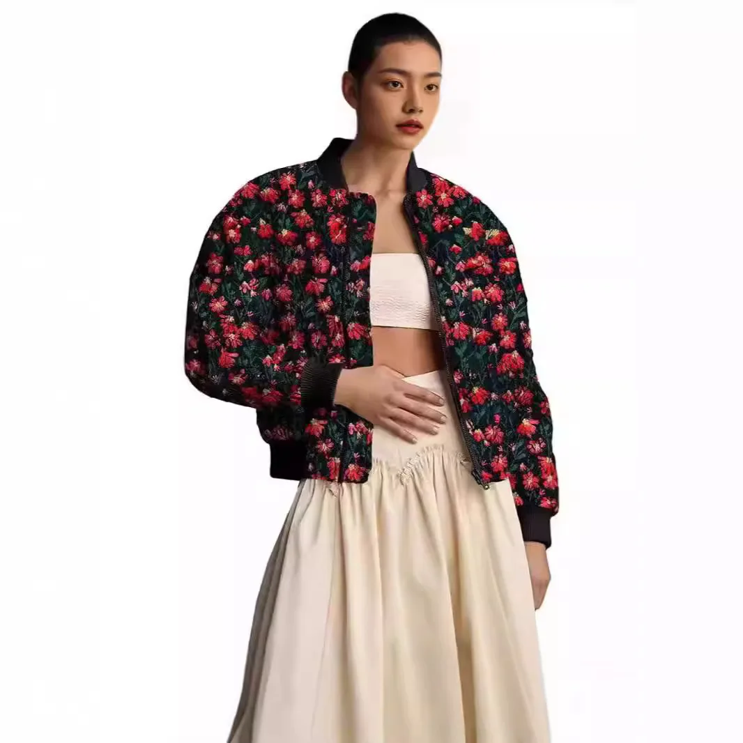 Fall/Winter Daisies Printed Denim Pouch Zip Short Sleeve Flight Jacket Cotton Coat