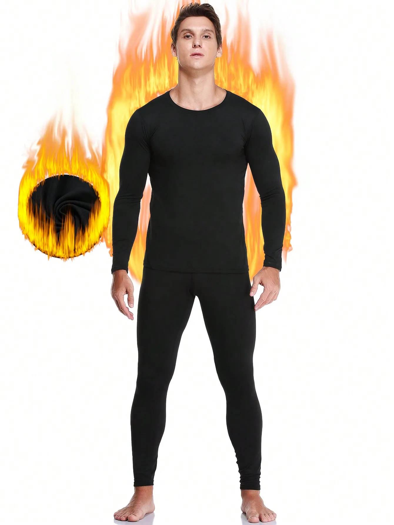 

Men's Black Crew Neck Thermal Underwear Set for Cold Weather Warm Base Layer