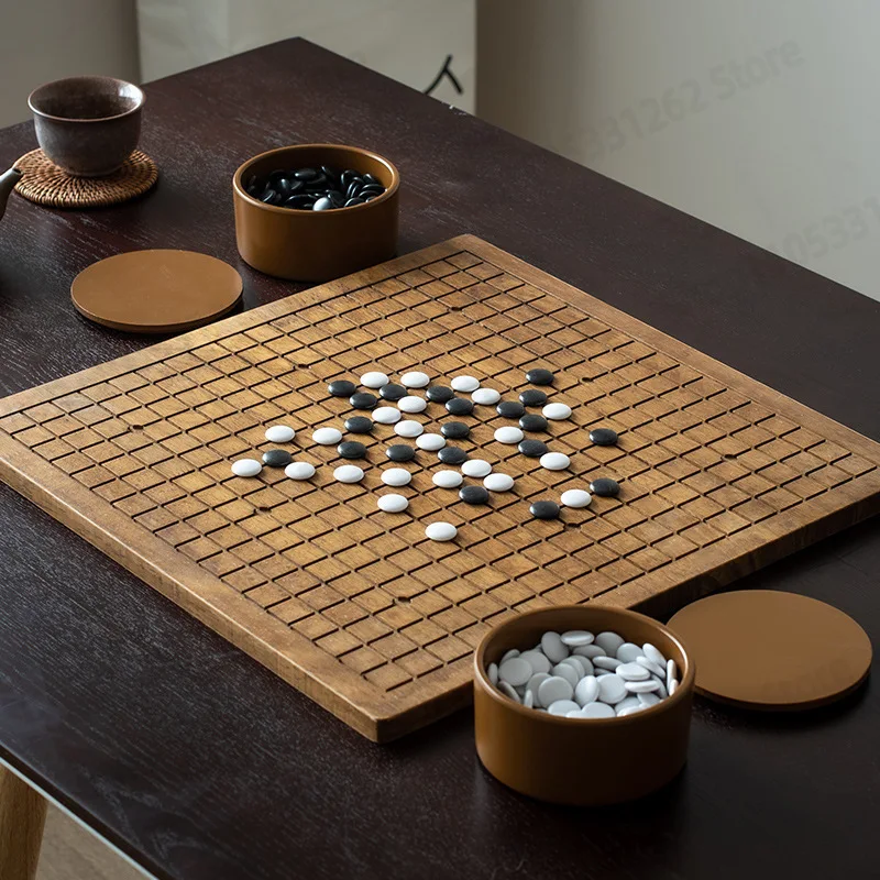 2-in-1 Solid Wood Go Chess Board Set Beginner Black and White Gobang