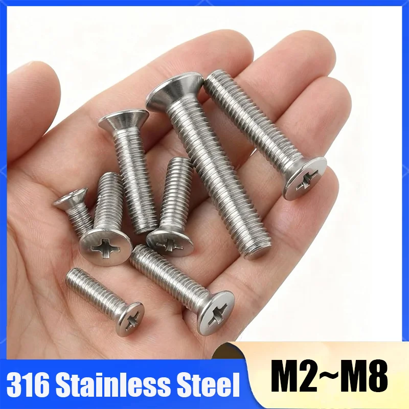 2-100Pcs 316 Stainless Steel M2 M2.5 M3 M4 M5 M6 M8 Cross Phillips Flat Countersunk Head Screw Bolt Length 3mm-100mm