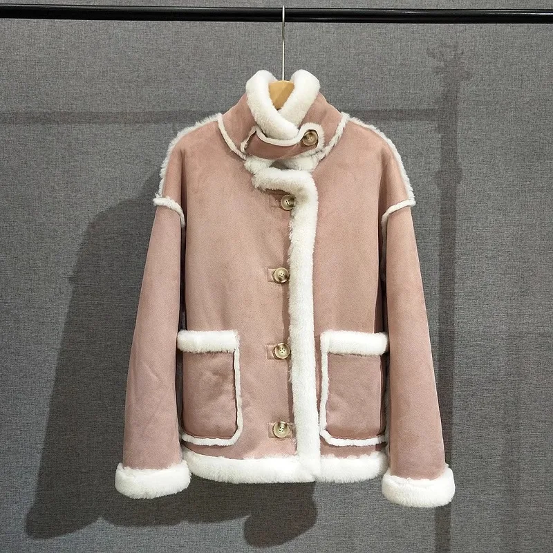 Women Lamb's Wool Suede Jacket Sheep Shearling Fur  Coat Female Short Warm High Collar Thickening Overcoat PT413