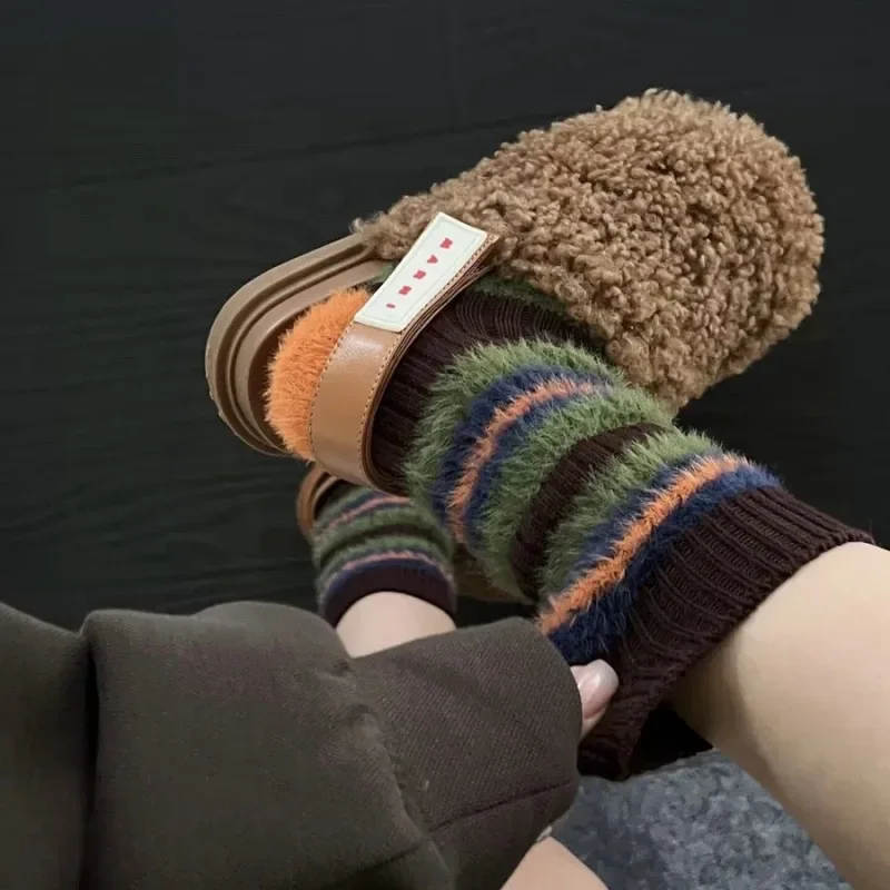 

Colorful Striped Socks Women Autumn Winter Mink Fleece Floor Sock Soft Thicken Plush Indoor Socks Female Fluffy Sox