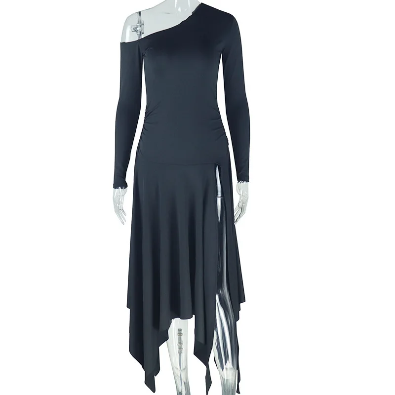 Damska nieregularna spódnica w jednolitym kolorze ze skośnymi ramionami, jednokolorowa sukienka z długim rękawem i rozcięciem 2025