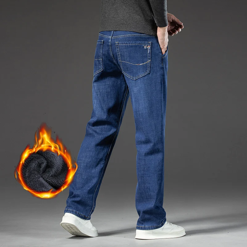 تمتد الصوف الجينز الرجال شتاء الأعمال الجديدة مريحة سميكة المخملية سراويل جينز موضة مستقيم عادية الذكور أفخم بنطلون