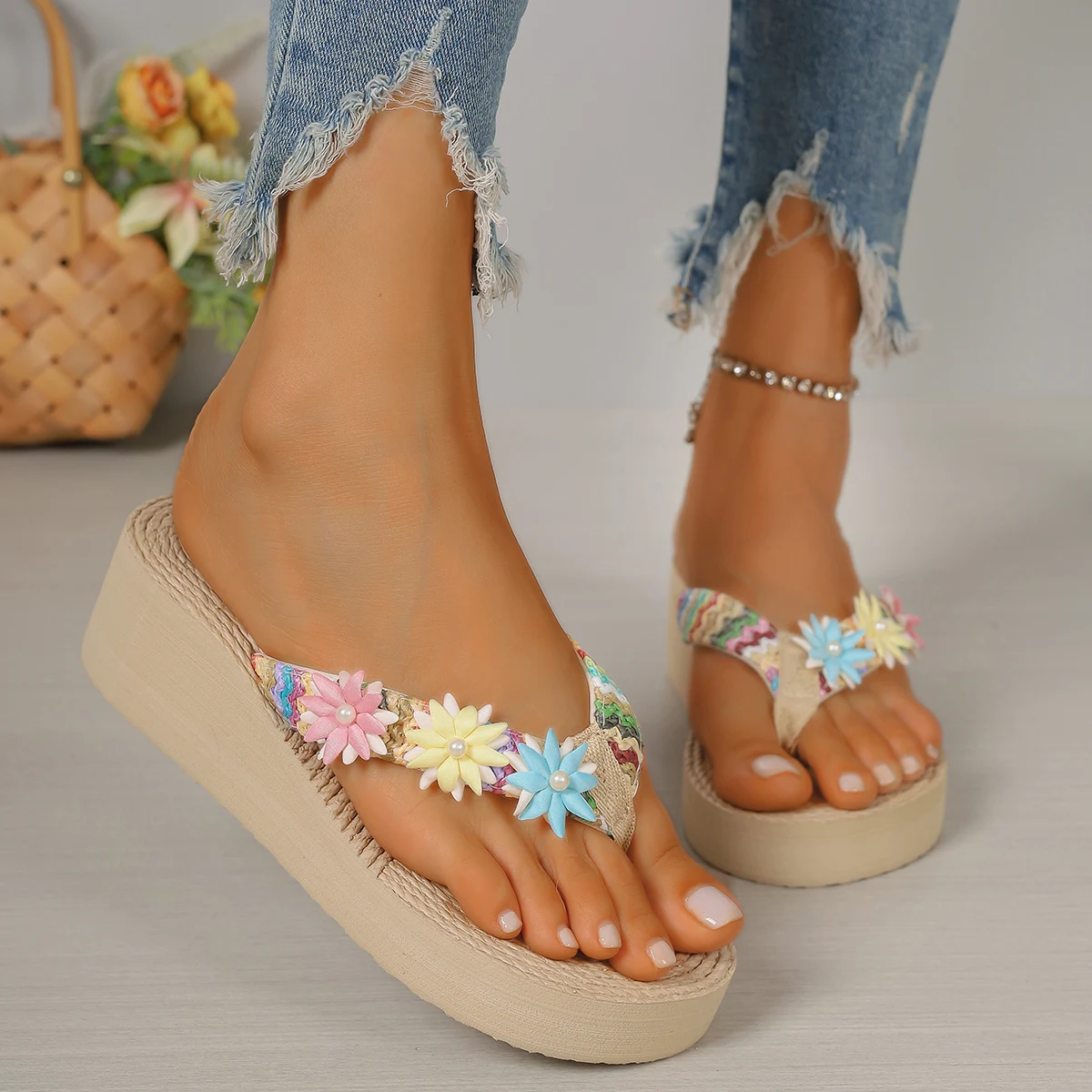 5cm Raffia Cute Little Flower Thick-Soled Summer Flip-Flops
