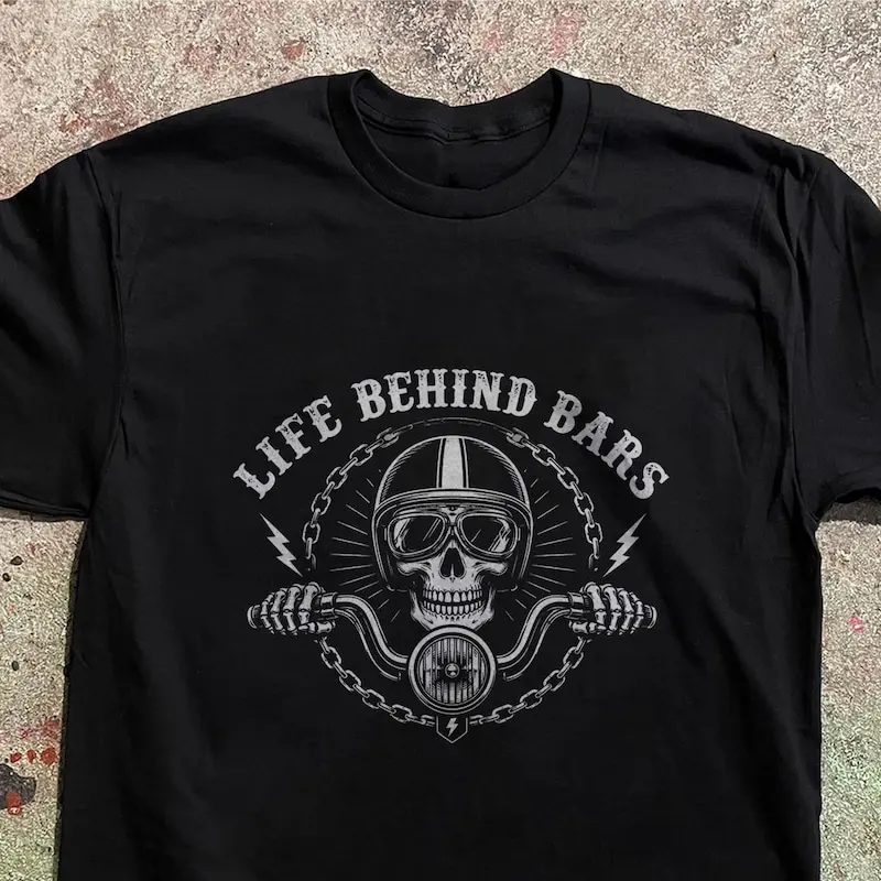 Life Behind Bars Biker Shirt Retro Motorcycle Skull Tee Vintage Skeleton Rider