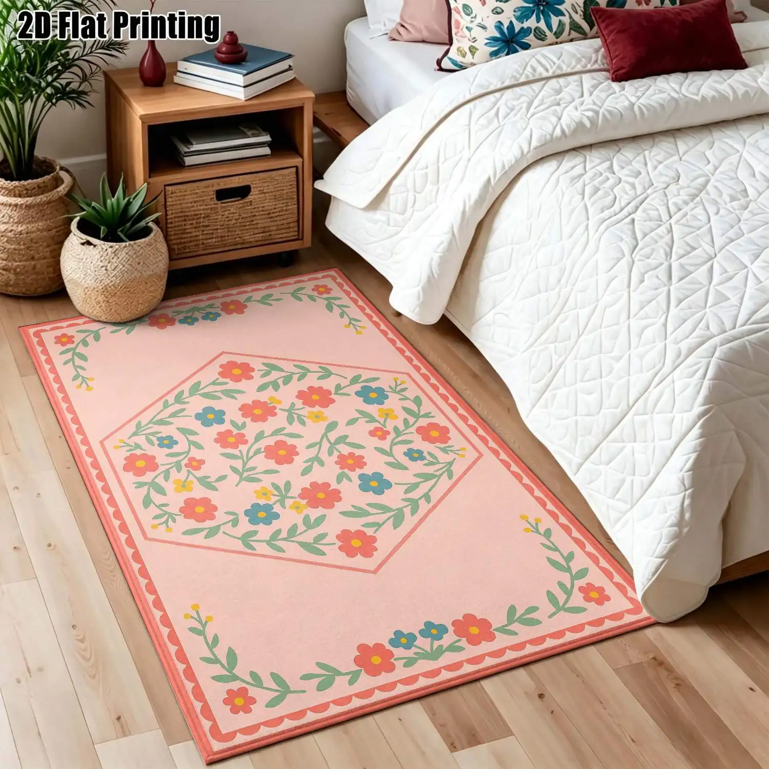 1Pc 2D Printed Carpet: Pink Flower, European/Bohemian Style, Geometric Floral, Machine Washable, Multi-Size, Home Decor Mat for Entryway, Dining Room, Foyer, Bedroom, Living Room