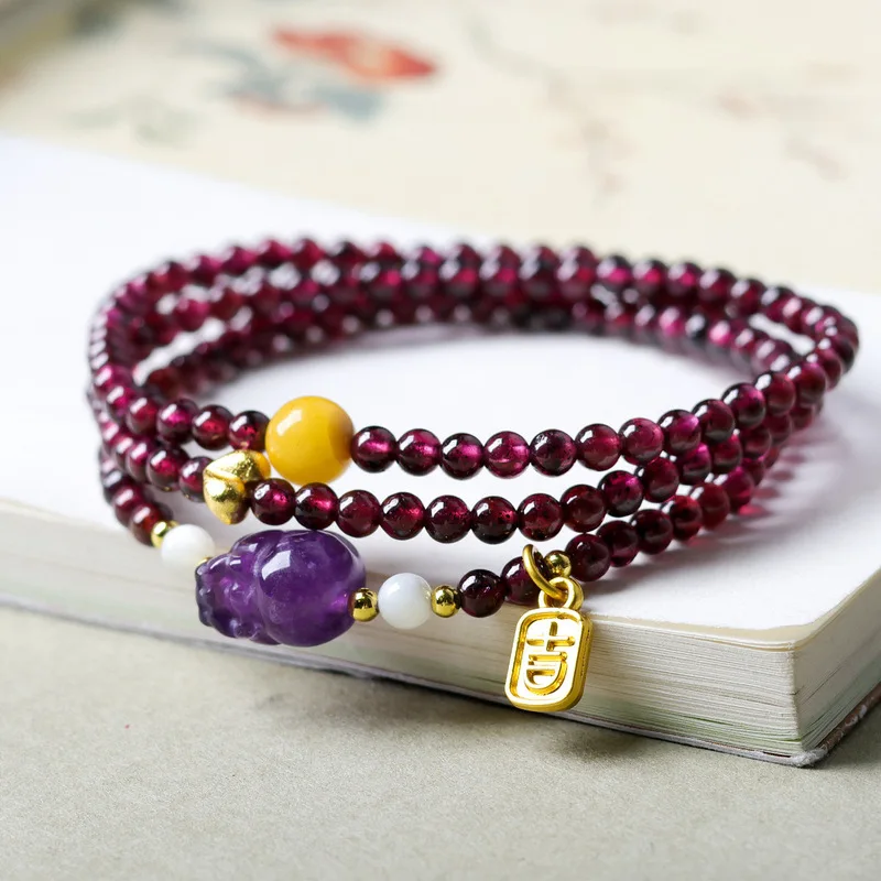 Natural Purple Tooth Garnet Bracelet White , Southern Red Agate Rose Quartz Yellow Tower Crystal Jade Five Elements