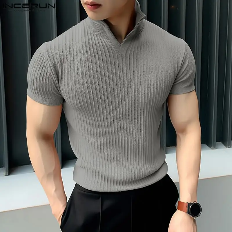 2024 Men T Shirt Solid Color Knitted Summer Lapel Short Sleeve Men Clothing Streetwear Korean Fashion Casual Tee Tops INCERUN