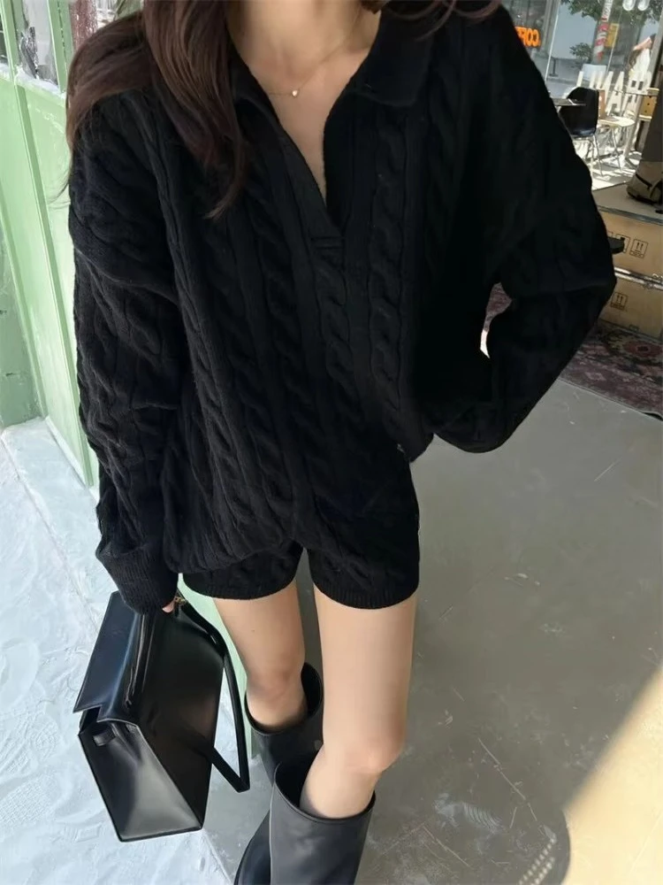 Autumn Knitted Suits Korean Style Premium Knitted 2 Piece Set Casual Loose Polo Neck Sweater Tops + Y2k Shorts Women Outfits