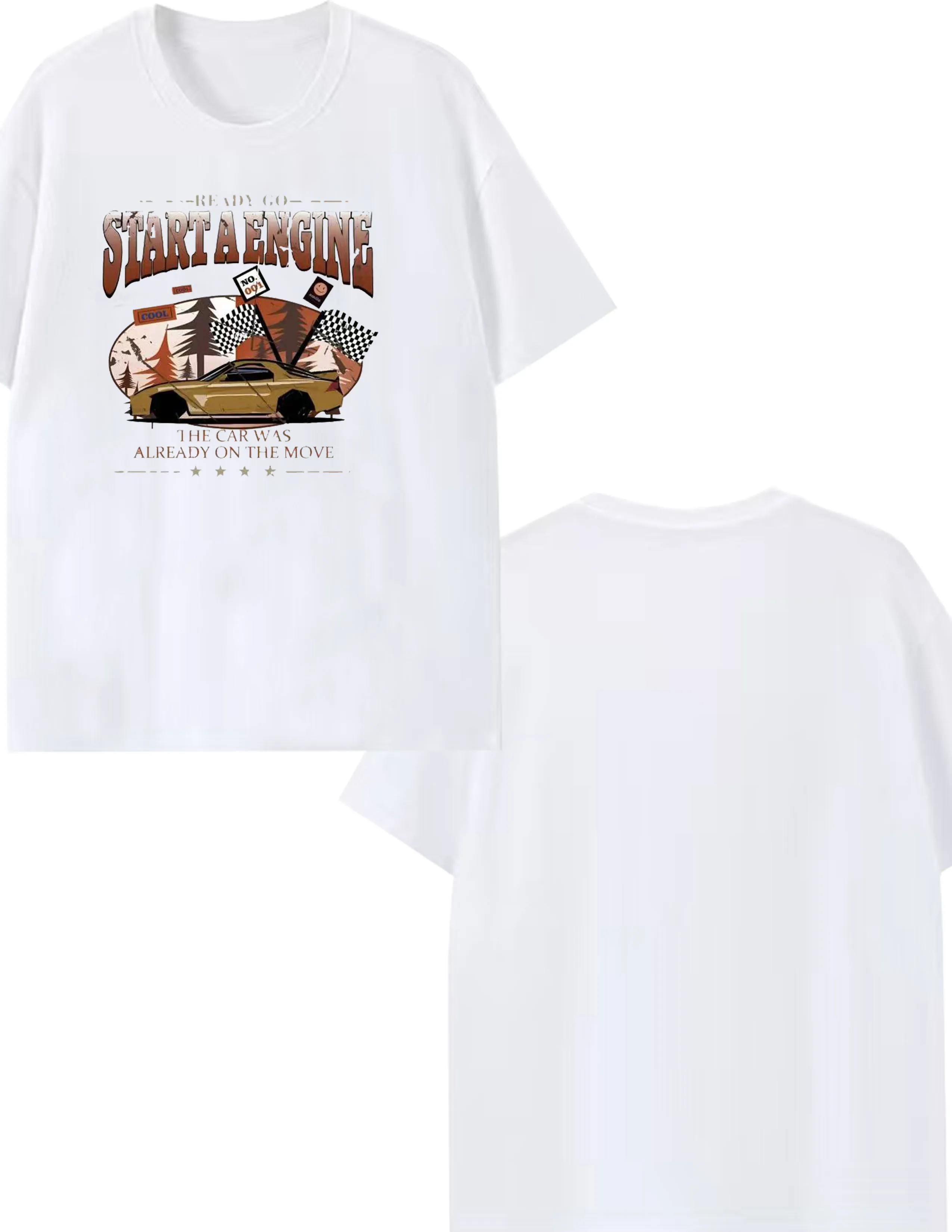 المحرك جاهز للبدء والسيارة موجود بالفعل في الحركة قميص قطني كاجوال بأكمام قصيرة مطبوع عليه حروف السباق
