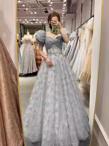 Spring Summer One-shoulder Blue Lace Floor-length Dress Women's Evening Dress Performance High Street Style Dress Female Clothes