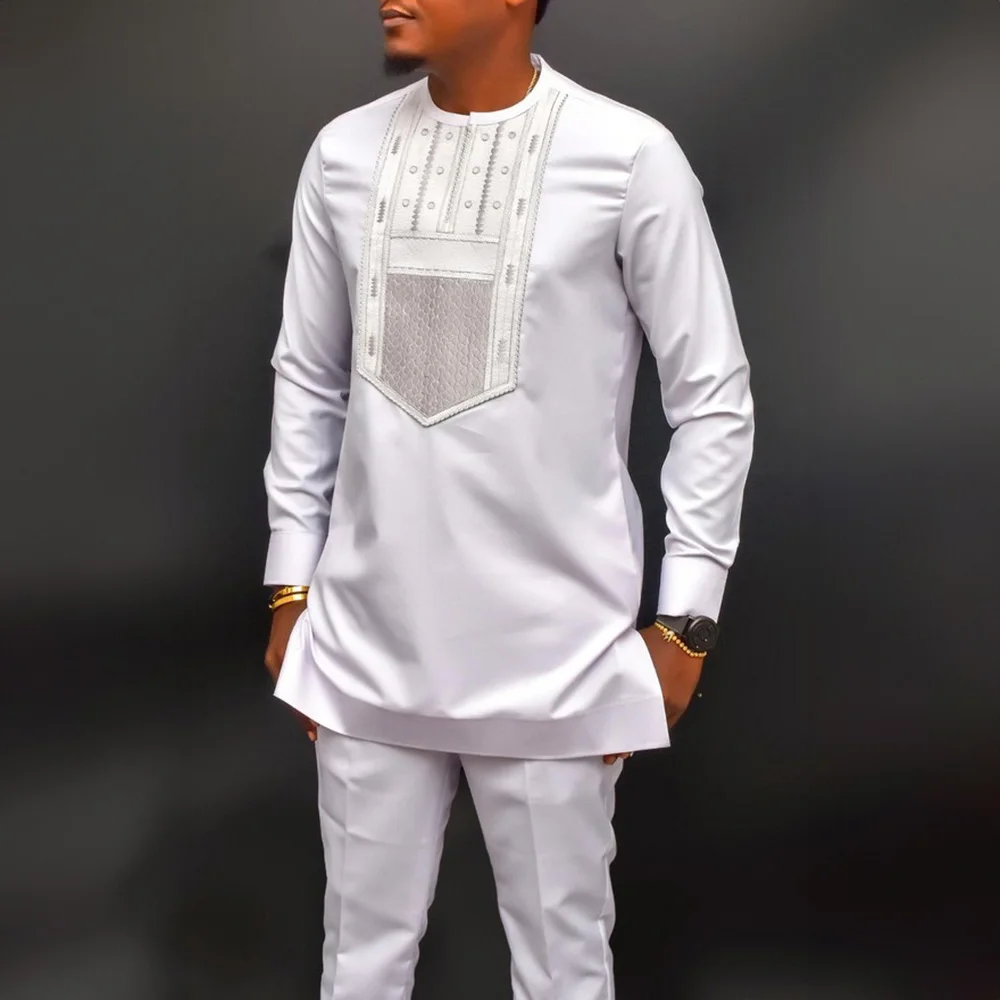 Novo Conjunto de 2 Peças de Roupa Masculina Tradicional Africana de Luxo com Bordado, Traje Completo Elegante, Conjunto de Calças Masculinas para Vestir, Traje Étnico Dashiki Kaftan