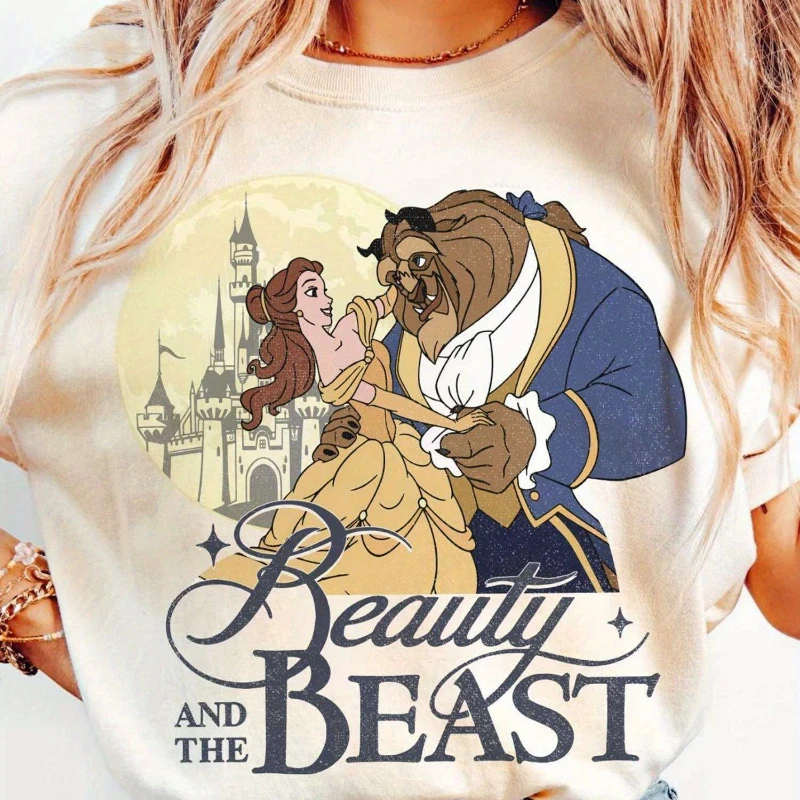 

Beautiful Woman and Beast Belle Princess Vintage Summer Women T-shirt Belle and Beast Castle Pattern Round Neck Short Sleeve Top
