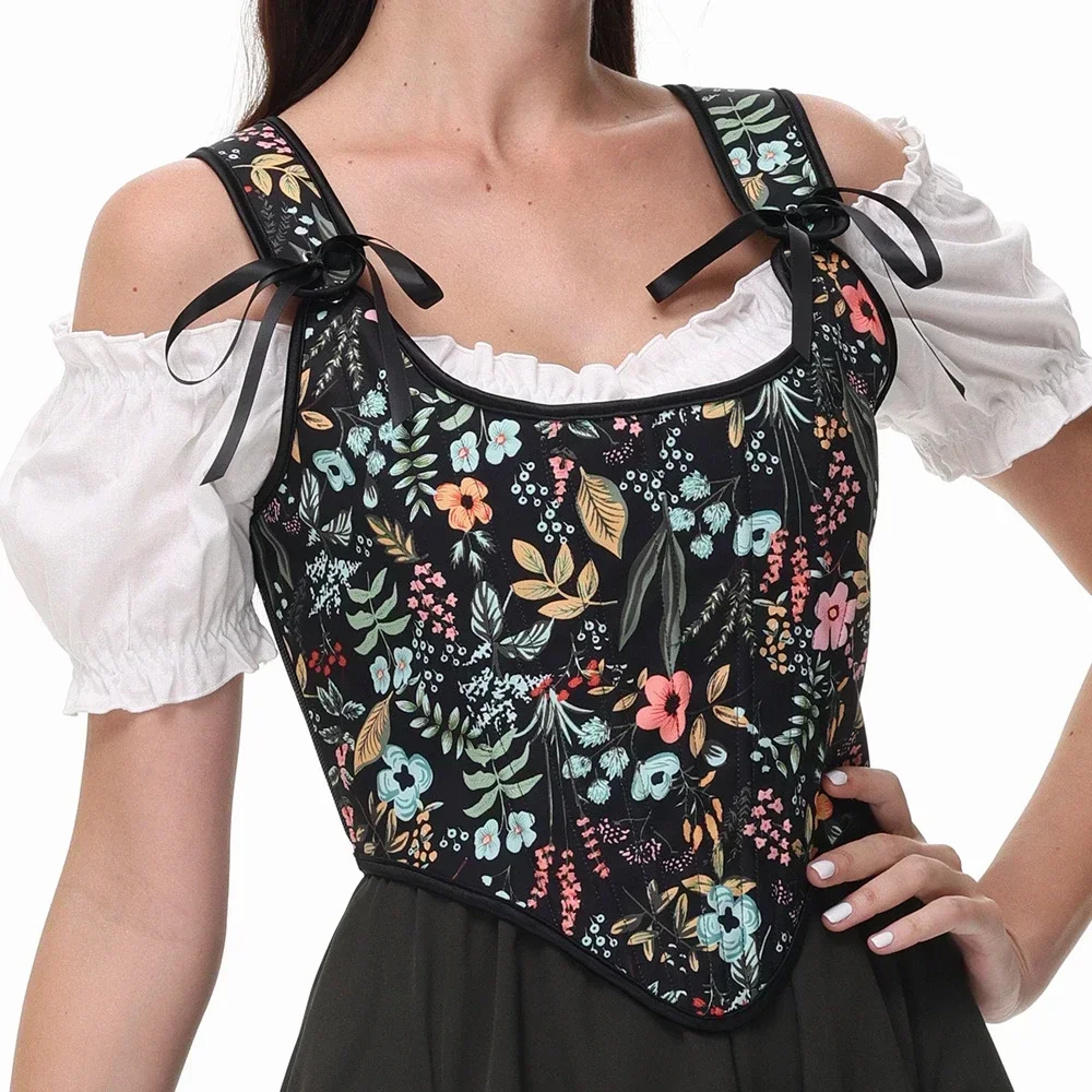 섹시한 여성 코르셋 스트랩 꽃 프린트 레이스 업 지퍼 Bustier 빈티지 고딕 빅토리아 허리 Cincher 우아한 중세 코르셋