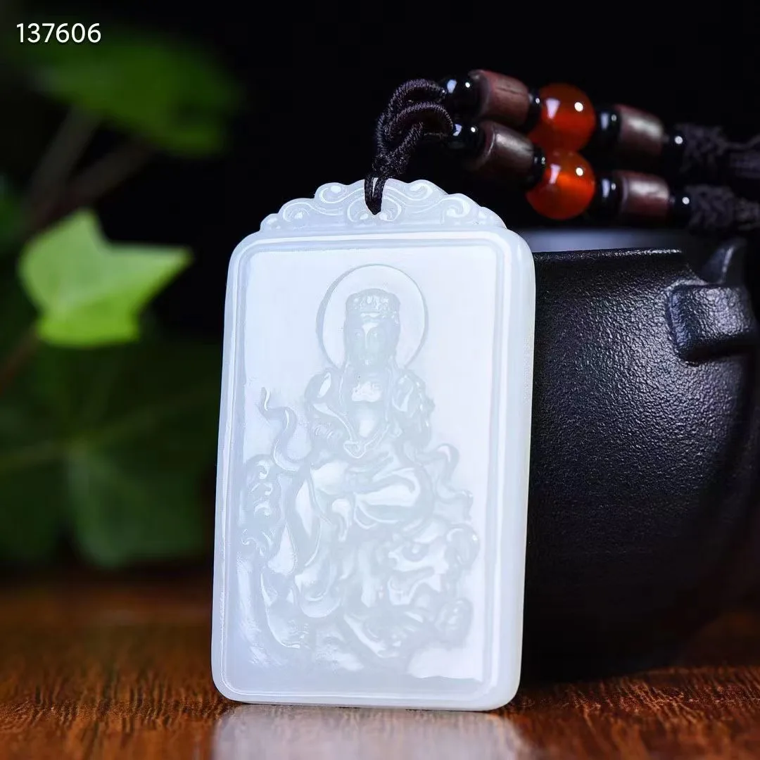 

Natural 100% real green white hetian jade carve guanyin Riding Beasts Bless peace pendant jewellery for men women gifts luck