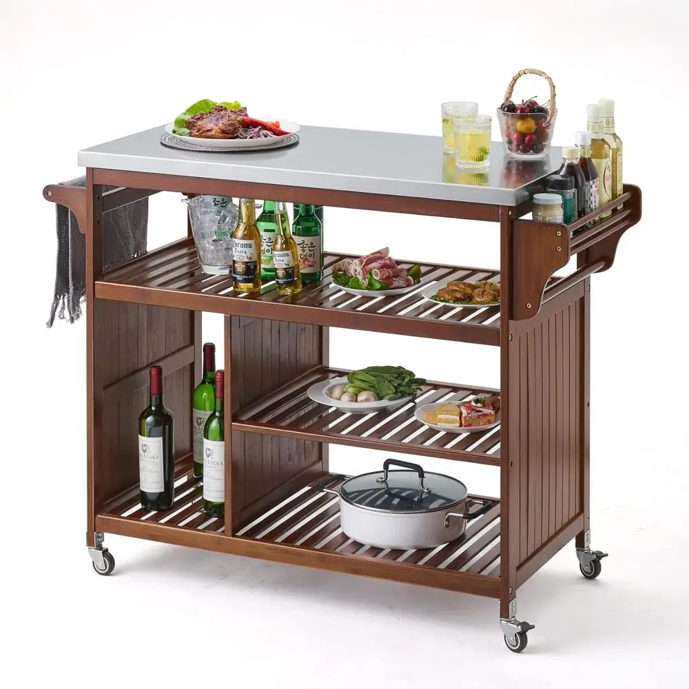 

Stylish Rolling Kitchen Trolley with Stainless Steel Top - Multifunction Utility Cart for Indoor & Outdoor Use (Antique Brown)