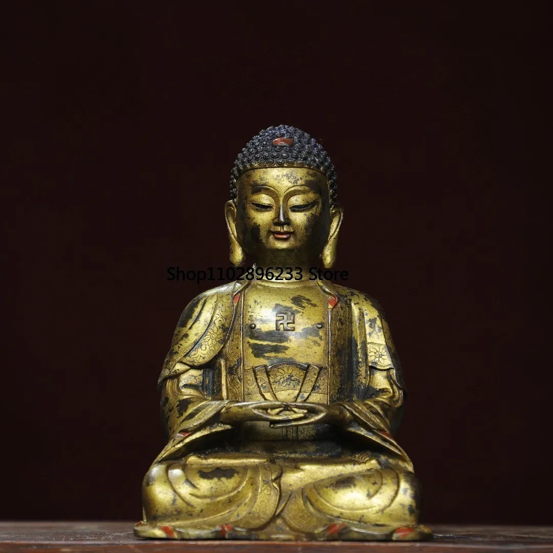 Tibetan brass gilt drawing face Sakyamuni Dahri Tathagata sitting statue home Buddhist hall ornament incense case offering suppl