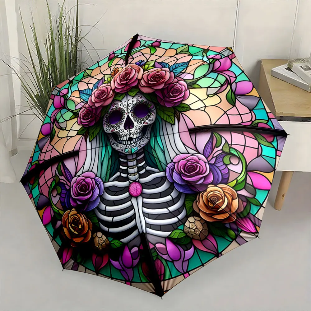 1PC Floral Skeleton Design Umbrella with Vibrant Colors Print 8 Iron Ribs Folding Umbrella Auto-Open Fashion Sunshade