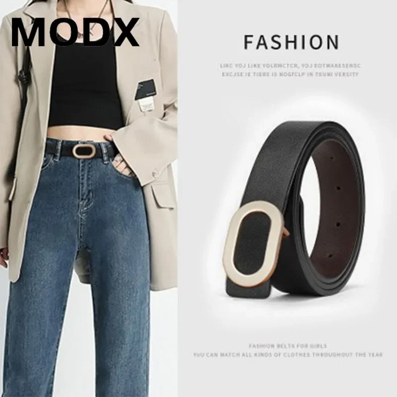 

MODX Belt For Women Round Square Buckle Pin Buckle Jeans Black Belt Chic Luxury Brand Designer Leather Belt Female