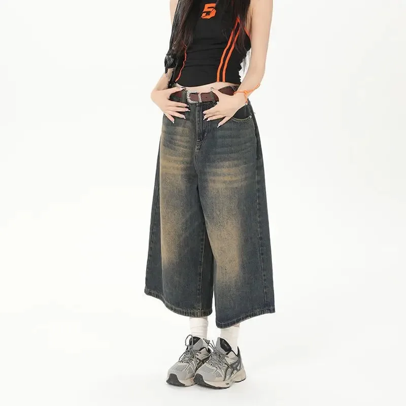 Deeptown Vintage Loose Jorts Jeans Y2k Streetwear Oversize Shorts Denim Pants Korean Fashion Baggy Grunge Trouser Summer Neutral