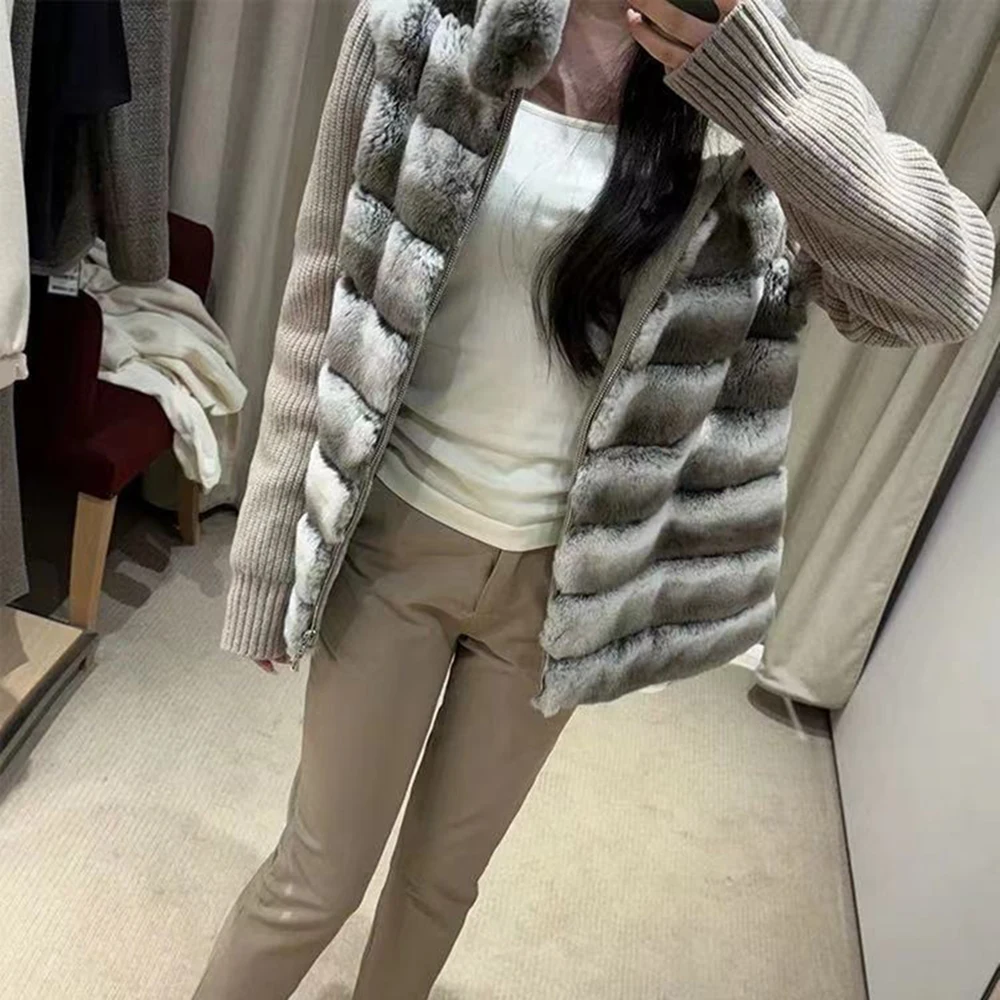 Jxwatcher Real Rex Fur Coat 2025 Spring Fashion Wool Coat Patchwork Knit Sleeves Ladies Stand Collar Fur Jacket Fall New Arrival
