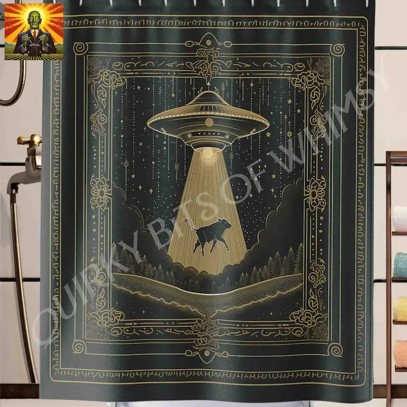 UFO Cow Abduction Shower Curtain – Funny Sci-Fi Alien Decor, Humorous Space Theme for Bathroom Conversation Starter