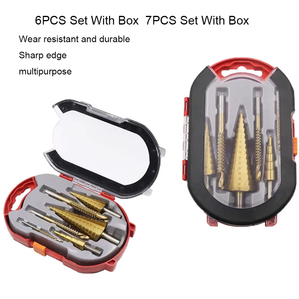 Step Drill Bit Saw Set, Aço Titânio, Slotted Pagoda,Sawtooth Drills, Ferramenta para trabalhar madeira, Kit de perfuração serrilhada, 6/7Pcs,4-12mm,20mm,32mm