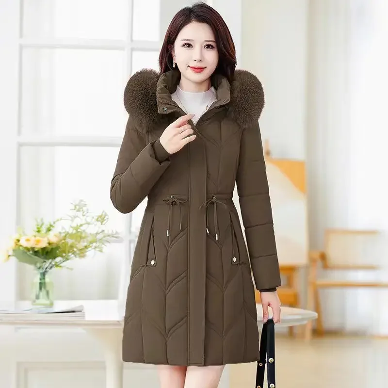 

Зимняя женская пуховая хлопковая куртка 2021, теплая утепленная куртка средней длины, тонкий меховой воротник со съемным капюшоном, женская парка