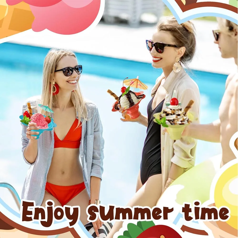 300 Pieces/100 Sets 4 oz Colorful Flower Snow Cone Cups Shaved Ice Cups with Spoon Straws and Paper Umbrellas Kit