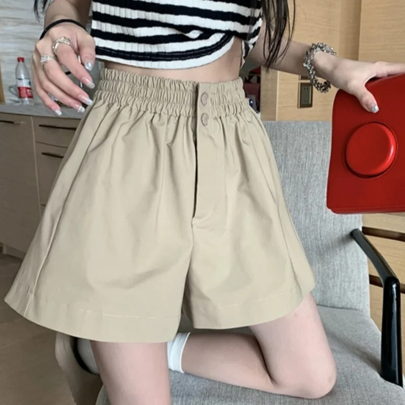 

Elastic Waist Wide Leg Shorts Women's Summer Korean Version 2023 New High-waisted Slim Solid Color All-match Casual Pants Boom