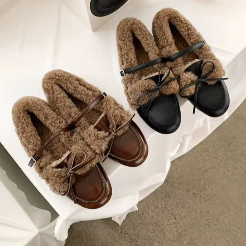 

Velvet Warm Bow with One Line Wool Cotton Shoes Winter New Shallow Single Shoes for Women