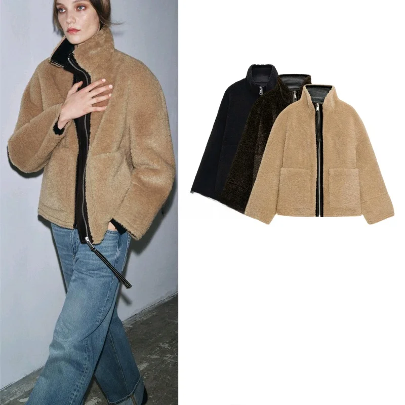 

Новая зимняя женская двусторонняя куртка из искусственного овечьего вельвета с высоким воротником, длинными рукавами, металлической молнией, повседневная, свободного кроя, теплая верхняя одежда