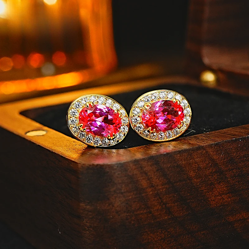 Super Sweet Rupee Pink Tourmaline 925 Silver Oval Earrings Set with High Carbon Diamond Light Luxury Versatile Commuting