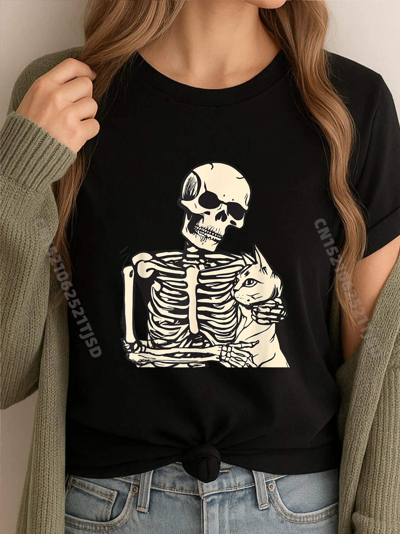 

Skeleton Holding A Cat Halloween Costume Of Skull Cats Lover Funny Shirt T Shirts WashedOversized Leisure