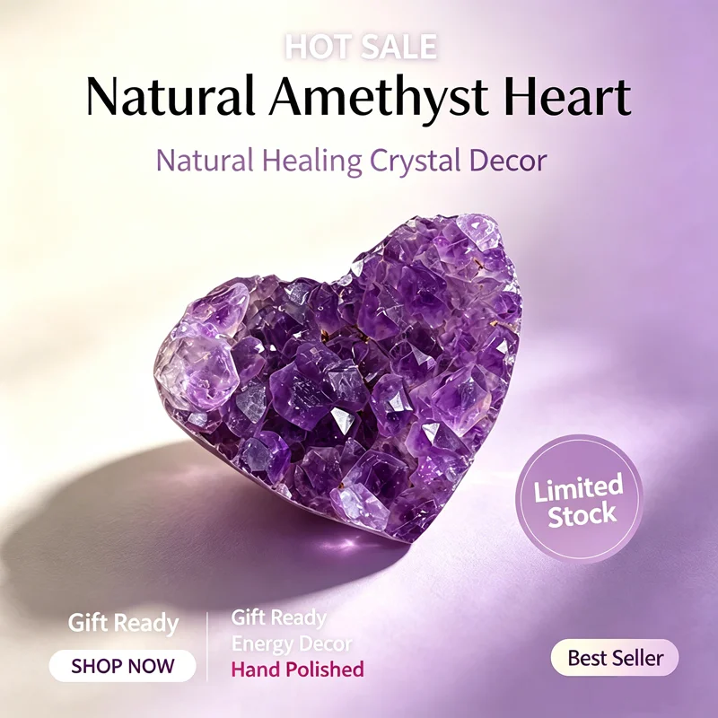 Natural Amethyst Heart Geode Cluster Hand Polished Purple Quartz Healing Energy Crystal Stone Valentine Gift Home Office Decor