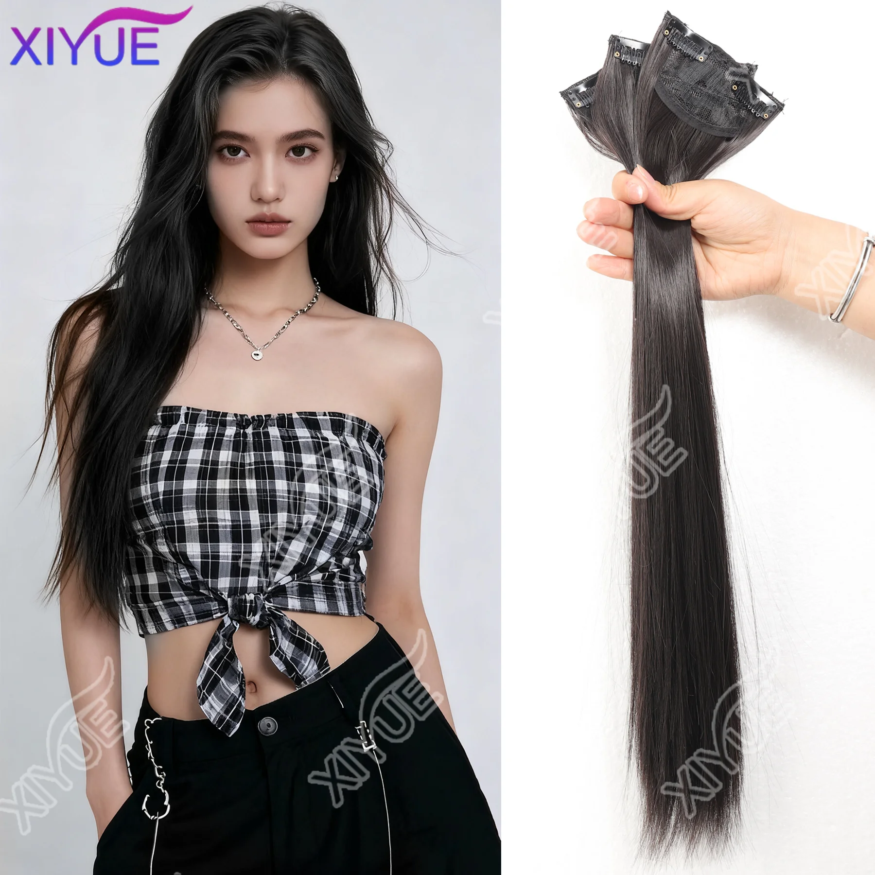 XIYUE Three-Piece Wig Extensions Realistic Long Straight Hair for Women Minimalistic Black Micro-Curly Hair Extensions