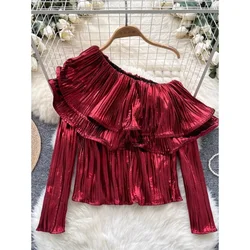 Chic Diagonal Collar Sexy Off Shoulder Vintage Long Sleeve Basics Ruffle Top Korean Fashion Streetwear High Street Autumn Blouse