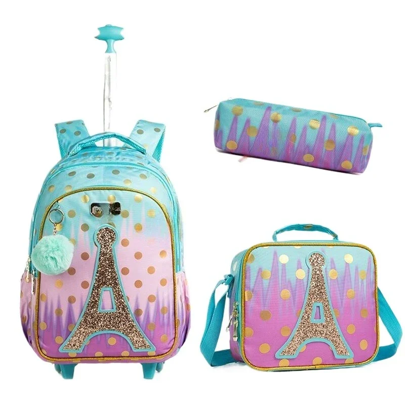 

sequined iron tower schoolbag for primary school students, tie rod bag, three-piece set