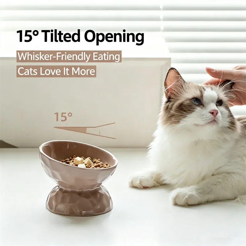Fashion Elevated Ceramic Cat Bowl 15° Tilted Pet Feeder Anti Black Chin Neck Protection Water Food Bowl for Cats Small Dogs