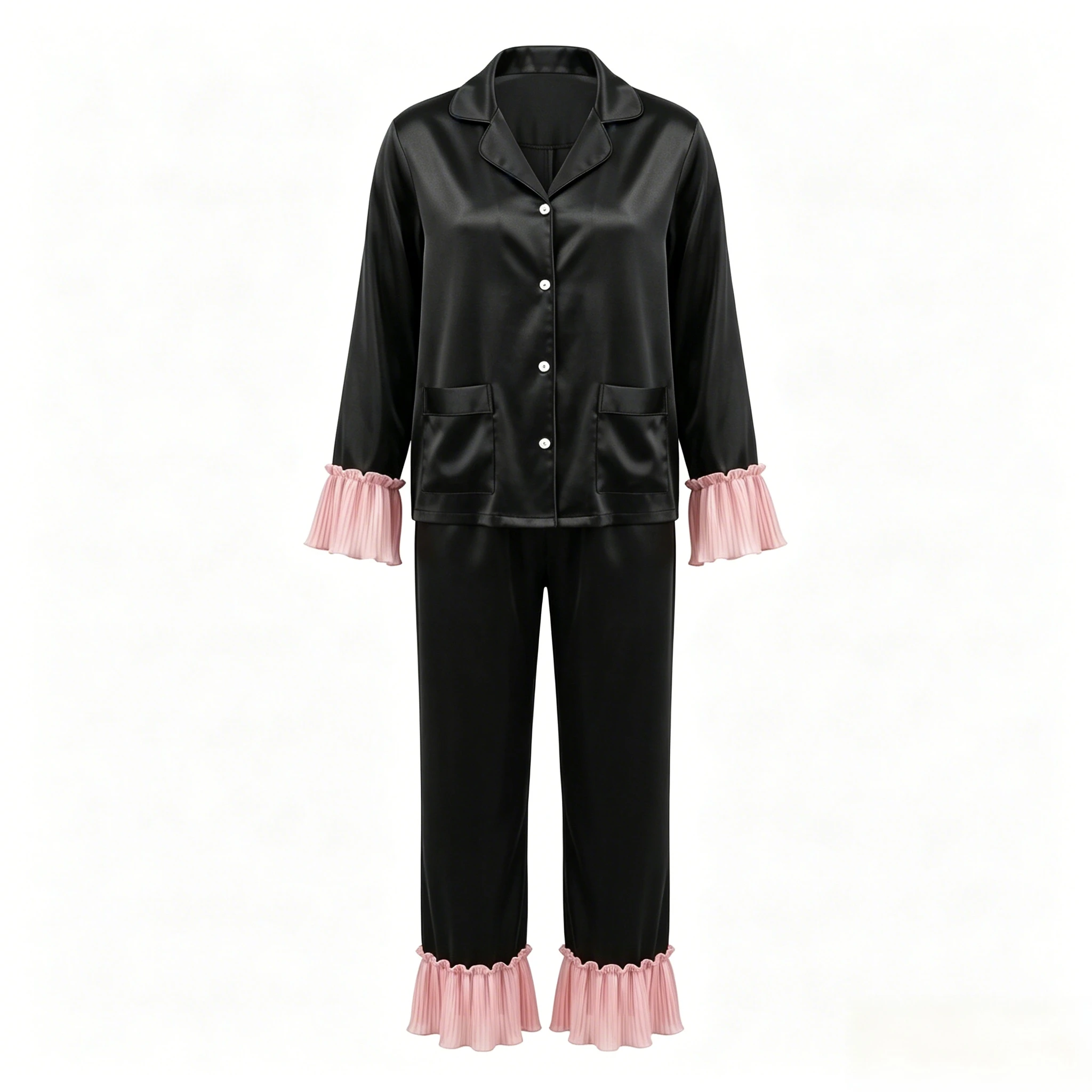 Women's Ice Satin Gown Pajama Set in Pink with Ruffle Trim, Elegant Sweet Style, Luxury Aesthetic, Wearable Outside House Loungewear Sleepwear