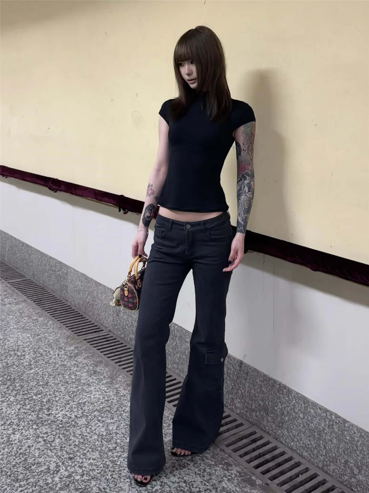 

Женские джинсы в винтажном уличном стиле с низкой посадкой, весенне-осенние, облегающие, удлиненные, расклешенные, повседневные, из хлопкового денима