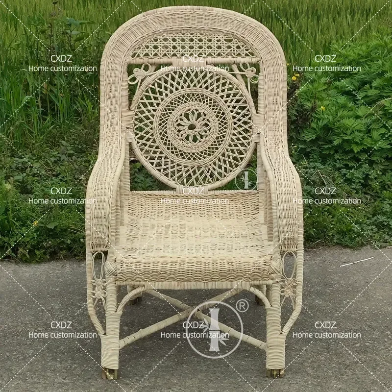Rattan Chair Natural Hand Woven Retro Balcony Sofa Single Vintage Casual Wicker Seat Lounge Armchair