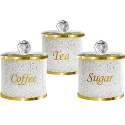 Sparkle Glass Crushed Diamonds Canister for Sugar Coffee Tea Decorative Storage Jar with Lids for Kitchen Counter Dining Room