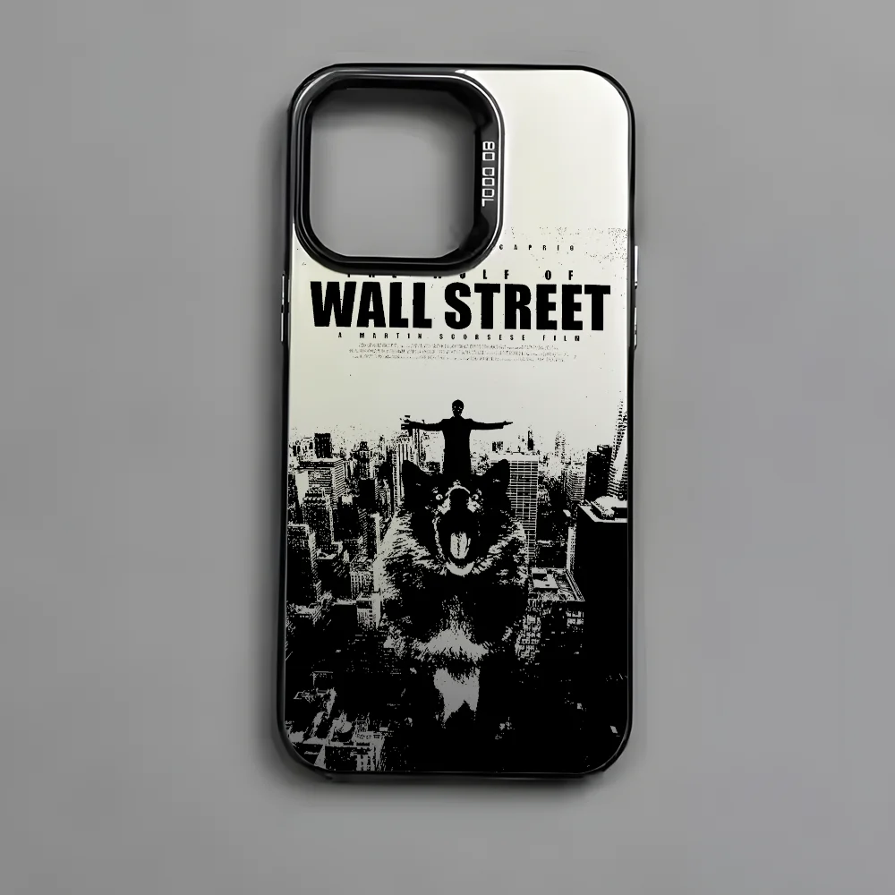W-Wolf Movie W-Wall S-Street جراب هاتف آيفون 16 15 14 13 12 11 Pro Max أسود غير لامع متعدد الألوان ليزر معدني أورورا فوندا