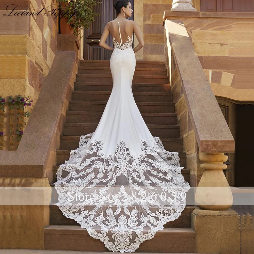 Lceland Poppy Customized Scoop Neck Mermaid Wedding Dresses Sleeveless Lace Appliques Sheer Back Bridal Gowns with Chapel Train