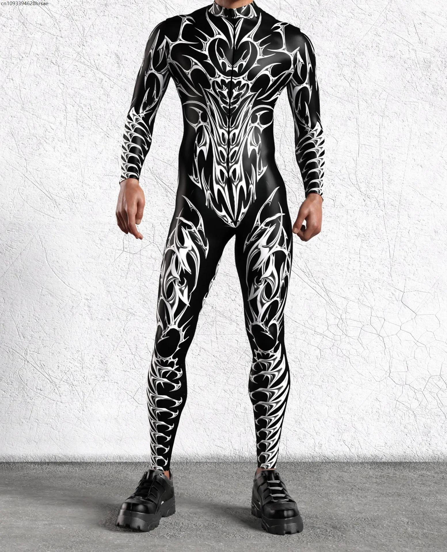

Men Cyber Punk Armor Jumpsuit Gothic Alien Skull Bodysuit Halloween Holiday Party Cosplay Costume Performance Romper Zentai Suit