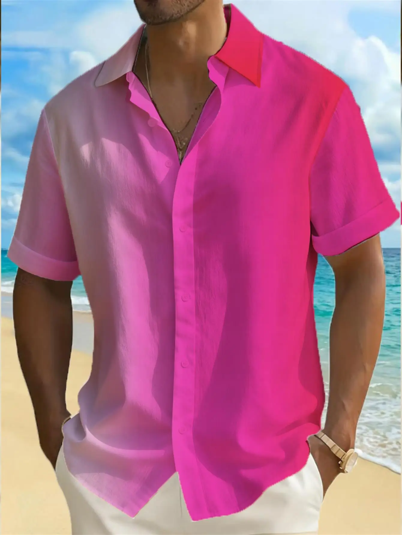 Ombre Magenta Gradient Shirt Men Cuffed Short Sleeve Lightweight Breathable Hawaii Daily Wear
